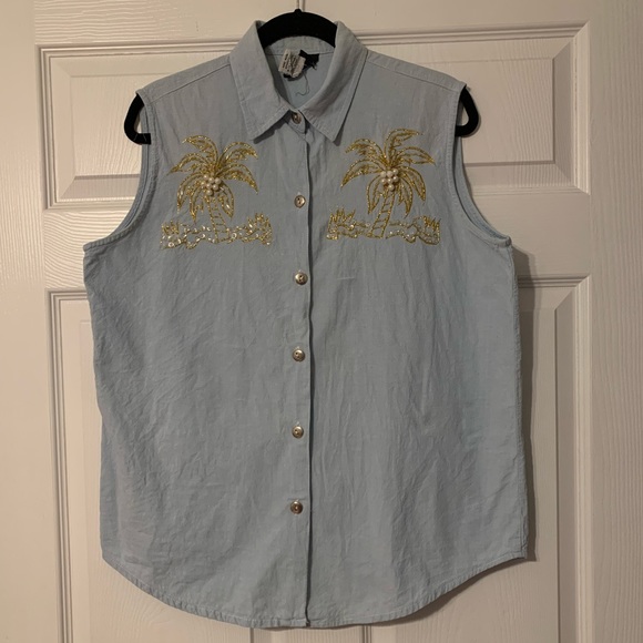 Vintage palm trees sleeveless button down blouse - Picture 2 of 9